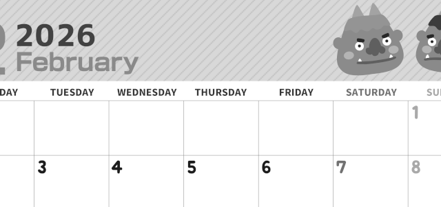 2026年2月横型モノクロの月曜始まり 鬼カップルがかわいいイラストA4無料白黒カレンダー(2026-00350201)