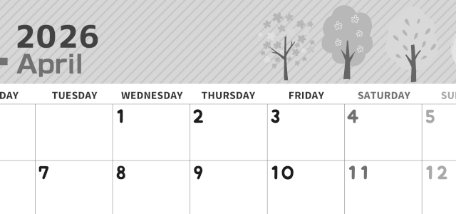 2026年4月横型モノクロの月曜始まり 桜木イラストのかわいいA4無料白黒カレンダー(2026-00350401)