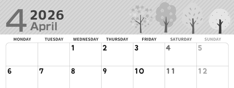 2026年4月横型モノクロの月曜始まり 桜木イラストのかわいいA4無料白黒カレンダー(2026-00350401)