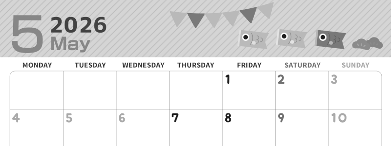 2026年5月横型モノクロの月曜始まり 鯉のイラストのかわいいA4無料白黒カレンダー(2026-00350501)