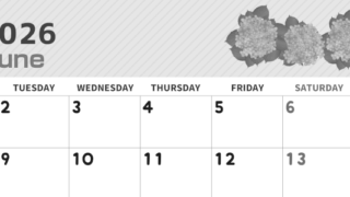 2026年6月横型モノクロの月曜始まり 季節の花イラストのかわいいA4無料白黒カレンダー(2026-00350601)