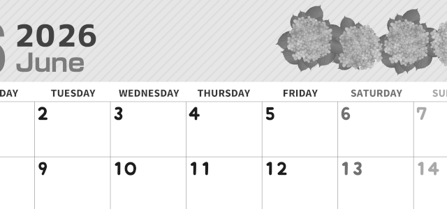 2026年6月横型モノクロの月曜始まり 季節の花イラストのかわいいA4無料白黒カレンダー(2026-00350601)