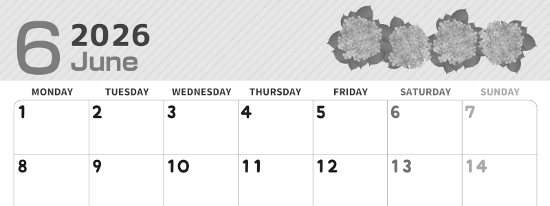 2026年6月横型モノクロの月曜始まり 季節の花イラストのかわいいA4無料白黒カレンダー(2026-00350601)