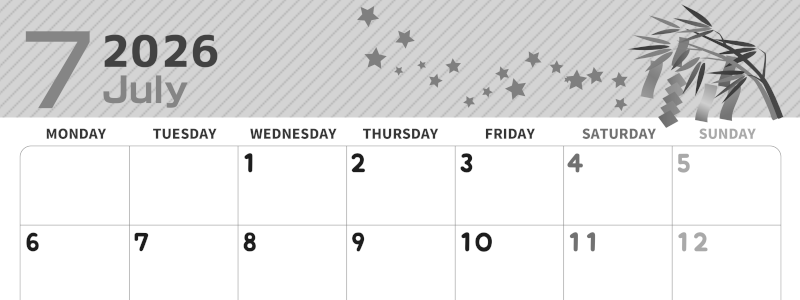 2026年7月横型モノクロの月曜始まり 天の川イラストのかわいいA4無料白黒カレンダー(2026-00350701)