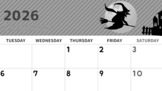 2026年10月横型モノクロの月曜始まり お屋敷イラストのかわいいA4無料白黒カレンダー(2026-00351001)