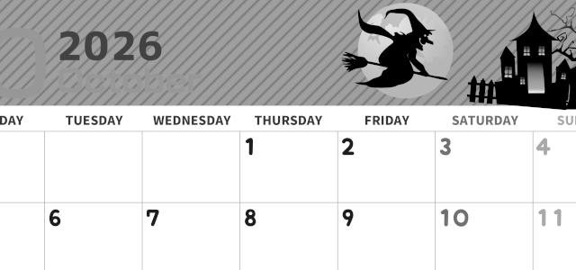 2026年10月横型モノクロの月曜始まり お屋敷イラストのかわいいA4無料白黒カレンダー(2026-00351001)