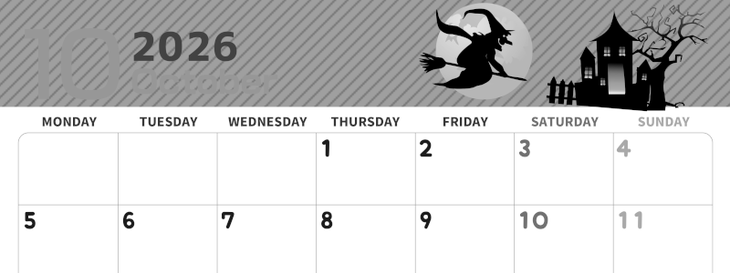 2026年10月横型モノクロの月曜始まり お屋敷イラストのかわいいA4無料白黒カレンダー(2026-00351001)