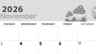 2026年11月横型モノクロの月曜始まり 小動物イラストのかわいいA4無料白黒カレンダー(2026-00351101)