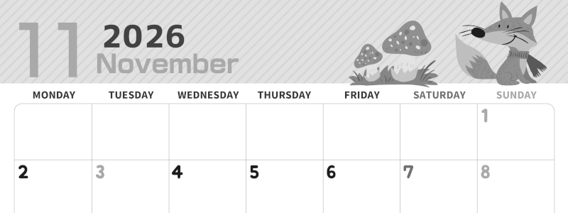 2026年11月横型モノクロの月曜始まり 小動物イラストのかわいいA4無料白黒カレンダー(2026-00351101)