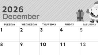 2026年12月横型モノクロの月曜始まり 行事イラストのかわいいA4無料白黒カレンダー(2026-00351201)