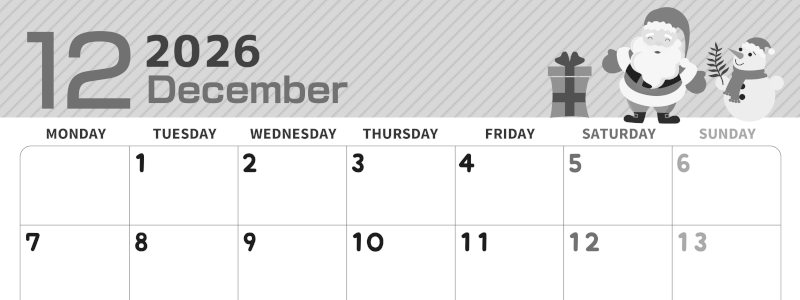 2026年12月横型モノクロの月曜始まり 行事イラストのかわいいA4無料白黒カレンダー(2026-00351201)