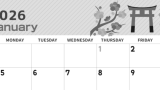 2026年1月横型モノクロの日曜始まり 鳥居イラストのかわいいA4無料白黒カレンダー(2026-00350100)