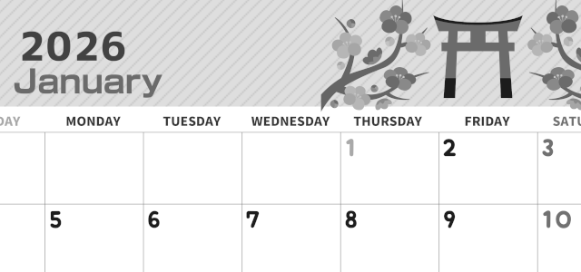 2026年1月横型モノクロの日曜始まり 鳥居イラストのかわいいA4無料白黒カレンダー(2026-00350100)