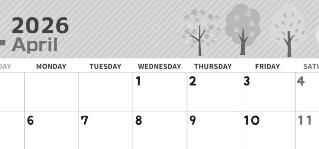 2026年4月横型モノクロの日曜始まり 桜木イラストのかわいいA4無料白黒カレンダー(2026-00350400)