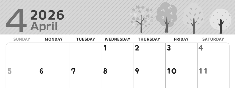 2026年4月横型モノクロの日曜始まり 桜木イラストのかわいいA4無料白黒カレンダー(2026-00350400)