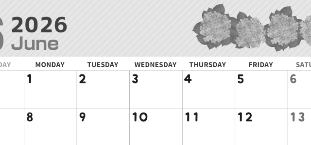 2026年6月横型モノクロの日曜始まり 季節の花イラストのかわいいA4無料白黒カレンダー(2026-00350600)