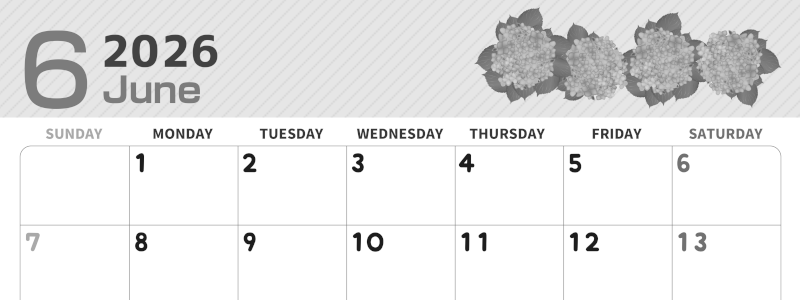 2026年6月横型モノクロの日曜始まり 季節の花イラストのかわいいA4無料白黒カレンダー(2026-00350600)