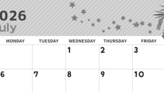 2026年7月横型モノクロの日曜始まり 天の川イラストのかわいいA4無料白黒カレンダー(2026-00350700)