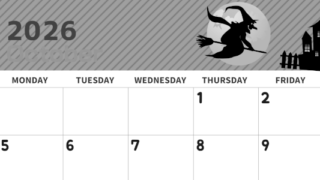 2026年10月横型モノクロの日曜始まり お屋敷イラストのかわいいA4無料白黒カレンダー(2026-00351000)