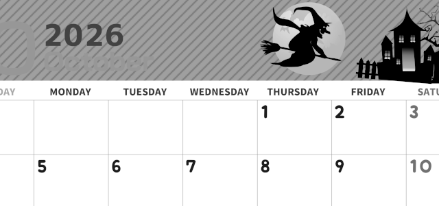 2026年10月横型モノクロの日曜始まり お屋敷イラストのかわいいA4無料白黒カレンダー(2026-00351000)