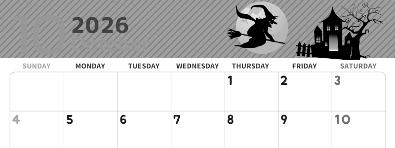 2026年10月横型モノクロの日曜始まり お屋敷イラストのかわいいA4無料白黒カレンダー(2026-00351000)