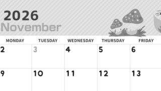 2026年11月横型モノクロの日曜始まり 小動物イラストのかわいいA4無料白黒カレンダー(2026-00351100)