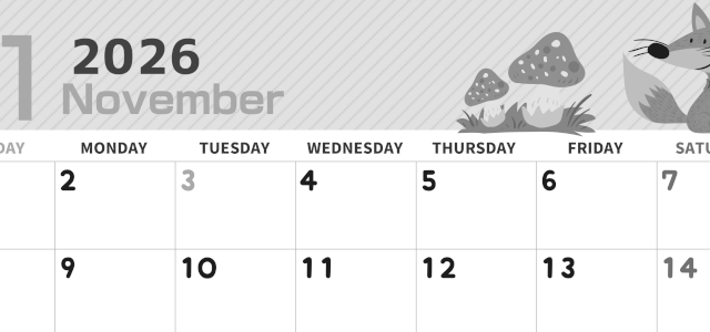 2026年11月横型モノクロの日曜始まり 小動物イラストのかわいいA4無料白黒カレンダー(2026-00351100)