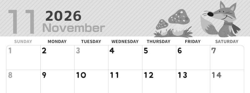 2026年11月横型モノクロの日曜始まり 小動物イラストのかわいいA4無料白黒カレンダー(2026-00351100)
