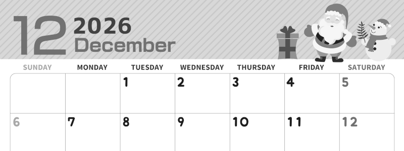 2026年12月横型モノクロの日曜始まり 行事イラストのかわいいA4無料白黒カレンダー(2026-00351200)