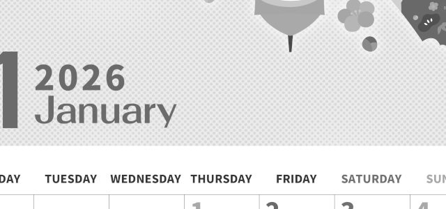 2026年1月縦型モノクロの月曜始まり 羽子板のかわいいフリーイラストA4無料白黒カレンダー(2026-00360111)