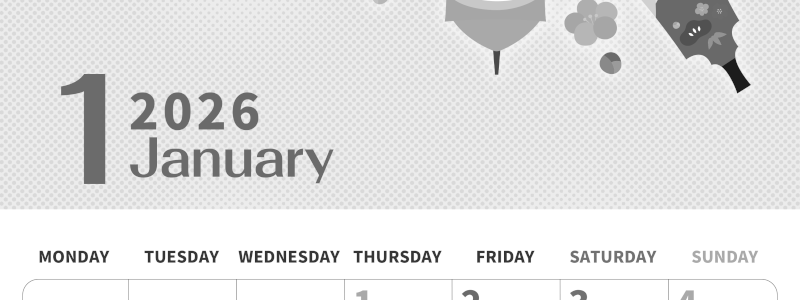 2026年1月縦型モノクロの月曜始まり 羽子板のかわいいフリーイラストA4無料白黒カレンダー(2026-00360111)