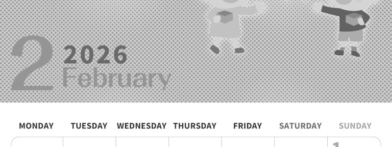 2026年2月縦型モノクロの月曜始まり 子供たちがかわいいイラストA4無料白黒カレンダー(2026-00360211)