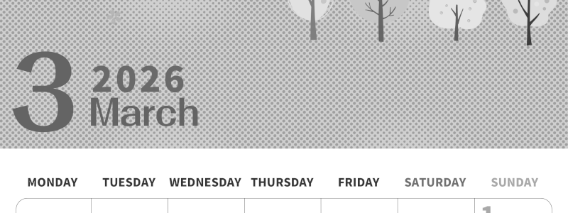 2026年3月縦型モノクロの月曜始まり 桜の木イラストのかわいいA4無料白黒カレンダー(2026-00360311)