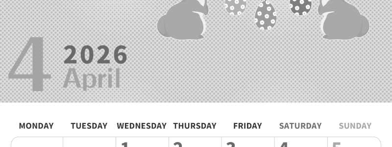 2026年4月縦型モノクロの月曜始まり うさぎイラストのかわいいA4無料白黒カレンダー(2026-00360411)