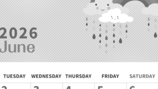 2026年6月縦型モノクロの月曜始まり 雨雲イラストのかわいいA4無料白黒カレンダー(2026-00360611)