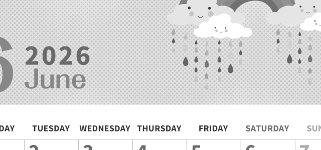 2026年6月縦型モノクロの月曜始まり 雨雲イラストのかわいいA4無料白黒カレンダー(2026-00360611)