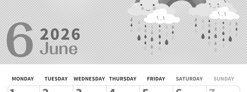 2026年6月縦型モノクロの月曜始まり 雨雲イラストのかわいいA4無料白黒カレンダー(2026-00360611)