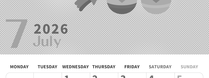 2026年7月縦型モノクロの月曜始まり 季節の行事のかわいいイラストA4無料白黒カレンダー(2026-00360711)