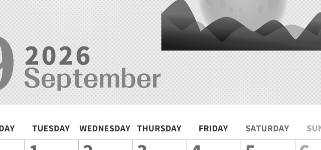 2026年9月縦型モノクロの月曜始まり 季節イラストのかわいいA4無料白黒カレンダー(2026-00360911)