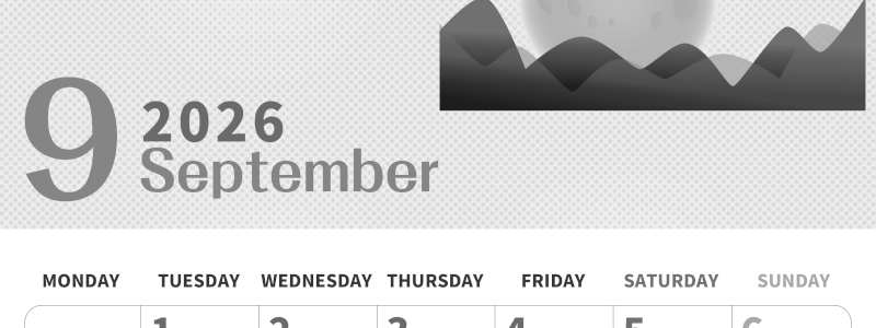 2026年9月縦型モノクロの月曜始まり 季節イラストのかわいいA4無料白黒カレンダー(2026-00360911)