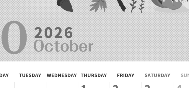 2026年10月縦型モノクロの月曜始まり 秋のイラストがかわいいA4無料白黒カレンダー(2026-00361011)