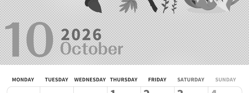 2026年10月縦型モノクロの月曜始まり 秋のイラストがかわいいA4無料白黒カレンダー(2026-00361011)