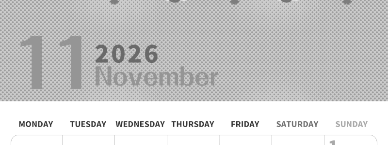 2026年11月縦型モノクロの月曜始まり 招き猫イラストのかわいいA4無料白黒カレンダー(2026-00361111)