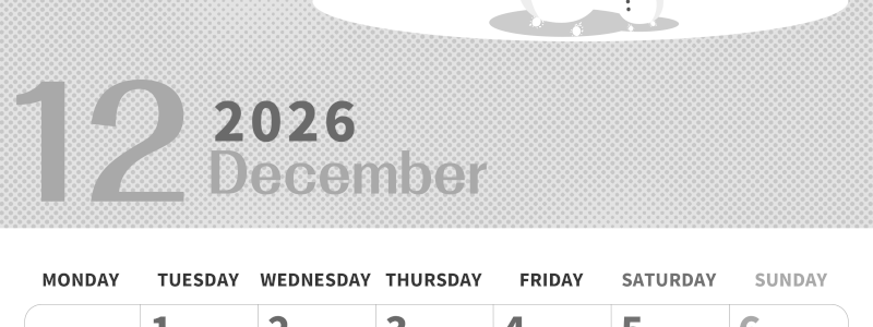 2026年12月縦型モノクロの月曜始まり 雪景色イラストのかわいいA4無料白黒カレンダー(2026-00361211)