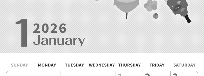 2026年1月縦型モノクロの日曜始まり 羽子板イラストのかわいいA4無料白黒カレンダー素材(2026-00360110)