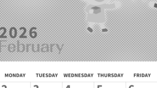 2026年2月縦型モノクロの日曜始まり 子供たちがかわいいイラストA4無料白黒カレンダー(2026-00360210)