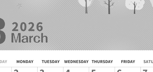 2026年3月縦型モノクロの日曜始まり 桜の木イラストのかわいいA4無料白黒カレンダー(2026-00360310)