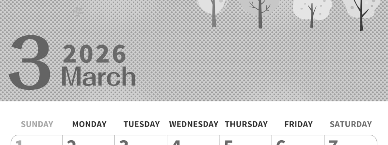 2026年3月縦型モノクロの日曜始まり 桜の木イラストのかわいいA4無料白黒カレンダー(2026-00360310)