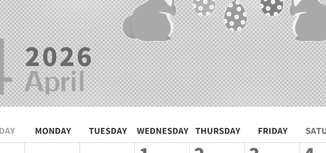 2026年4月縦型モノクロの日曜始まり うさぎイラストのかわいいA4無料白黒カレンダー(2026-00360410)