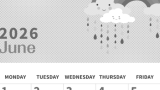 2026年6月縦型モノクロの日曜始まり 雨雲イラストのかわいいA4無料白黒カレンダー(2026-00360610)